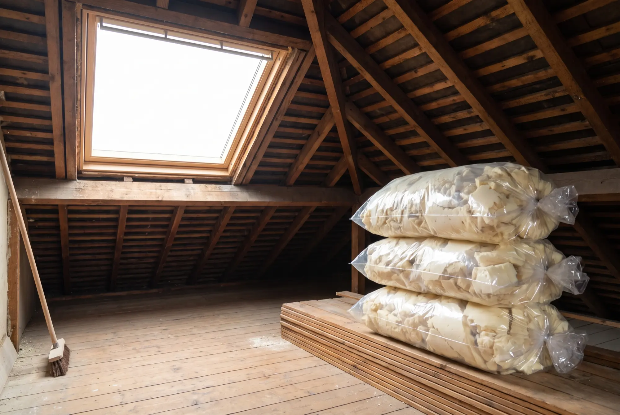 A UK loft with spray foam insulation fully removed leaving bare timber rafters