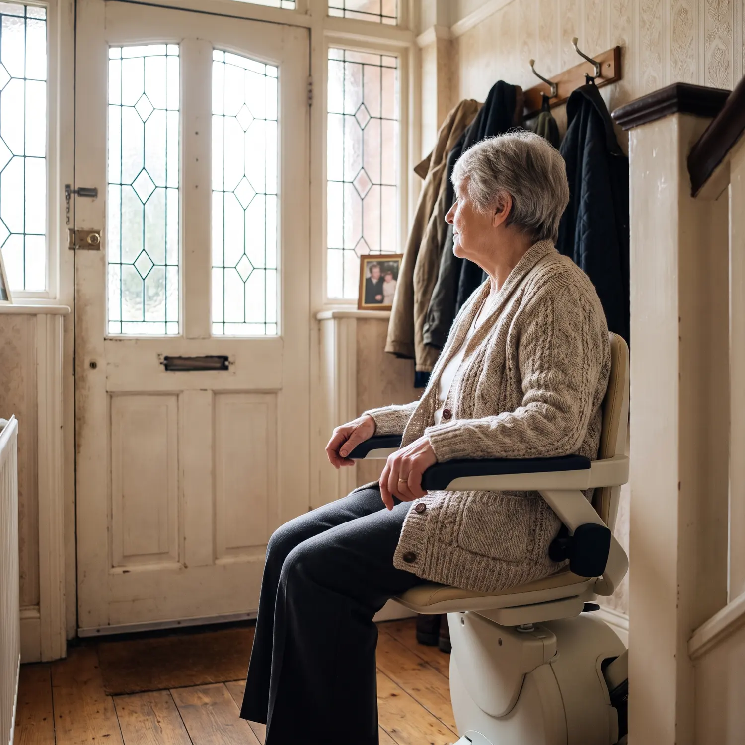 An older woman using a newly fitted stairlift in a UK hallway