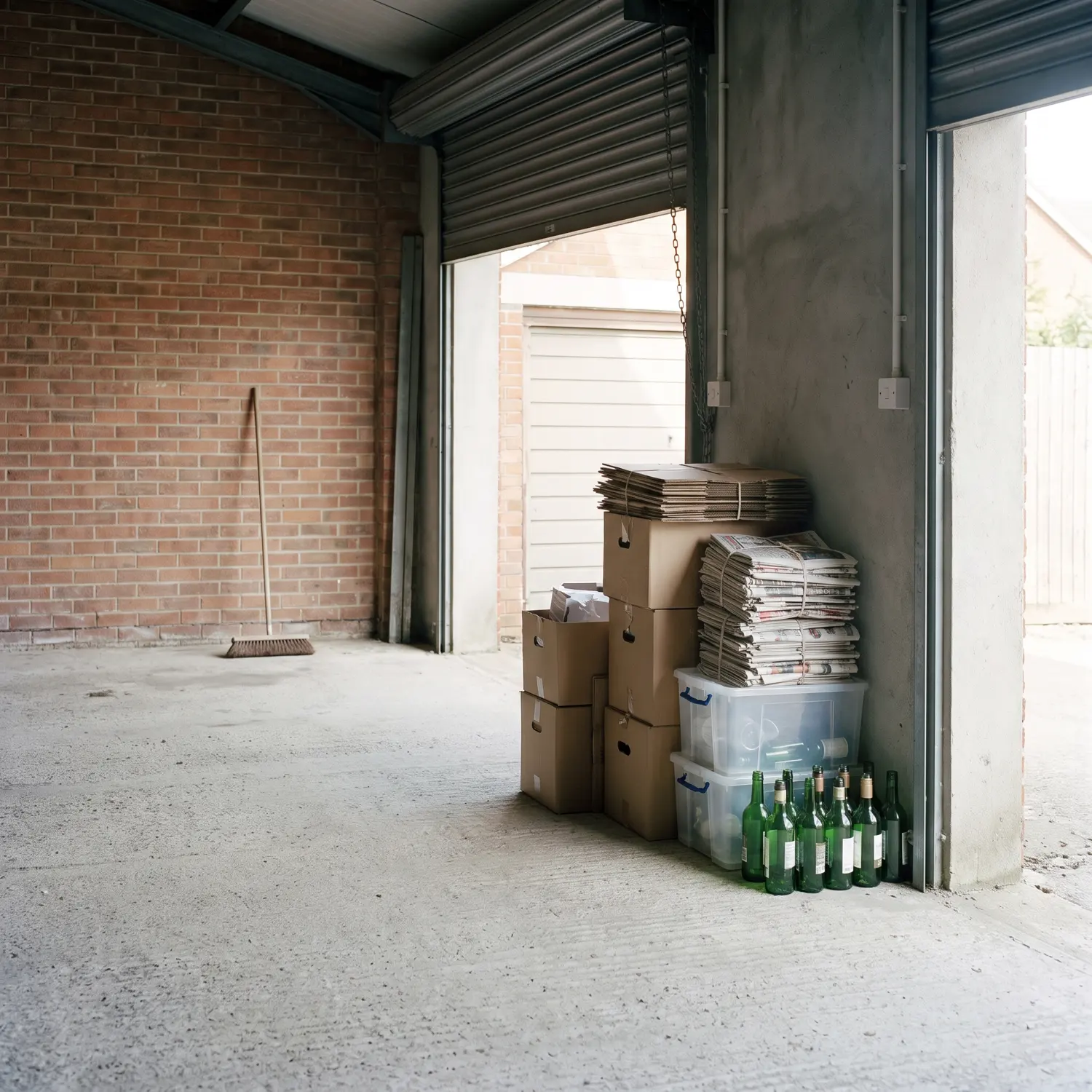 A cleared UK garage after a house clearance with sorted recycling