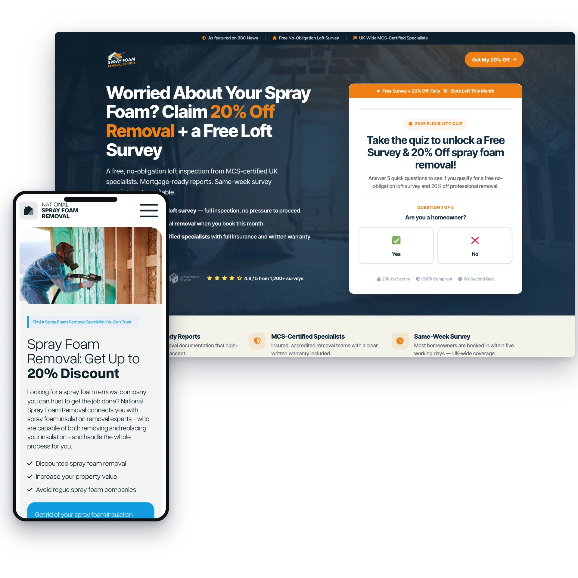 Spray Foam Removal Experts and National Spray Foam Removal landers shown on desktop and mobile