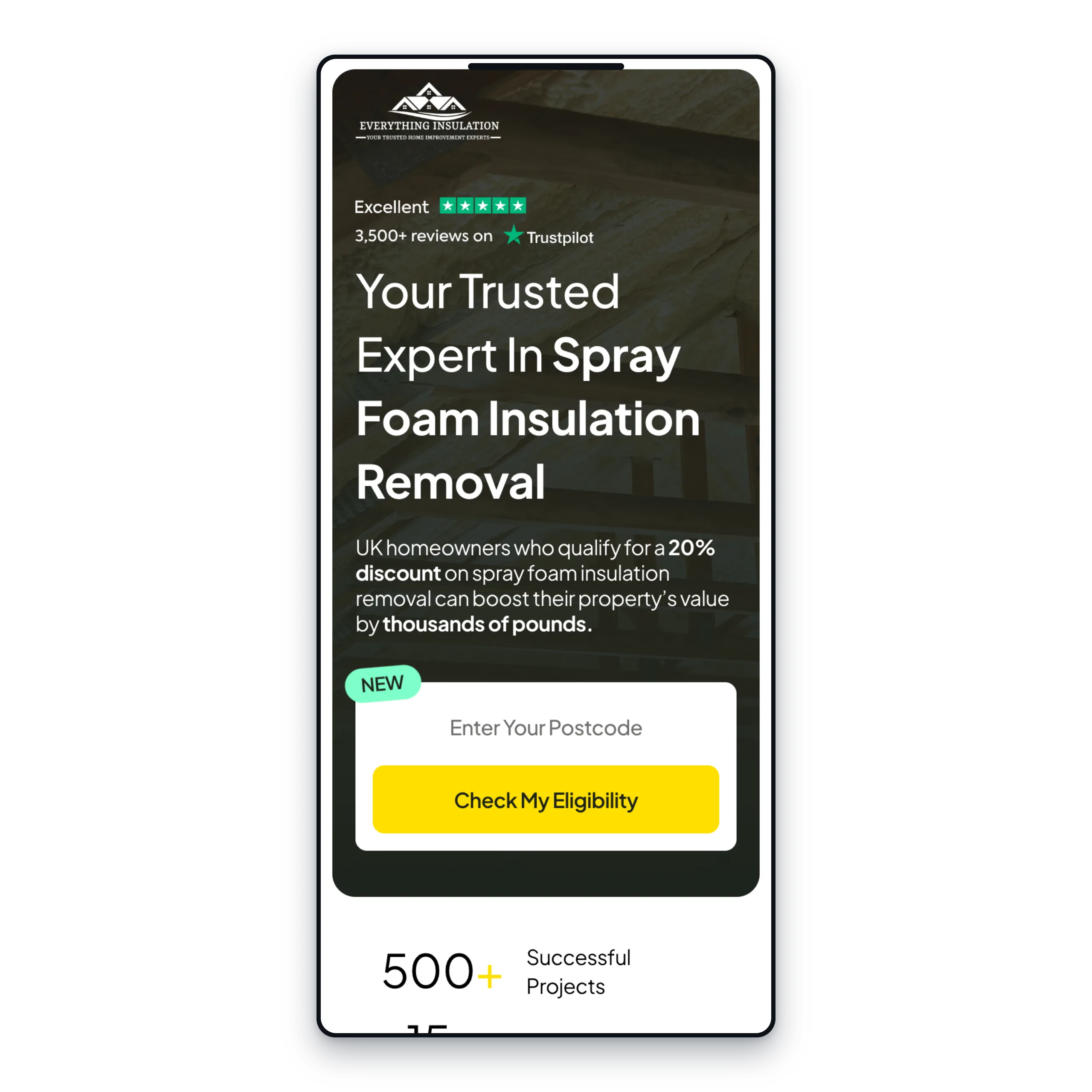 The Everything Spray Foam Removal eligibility form on a mobile phone
