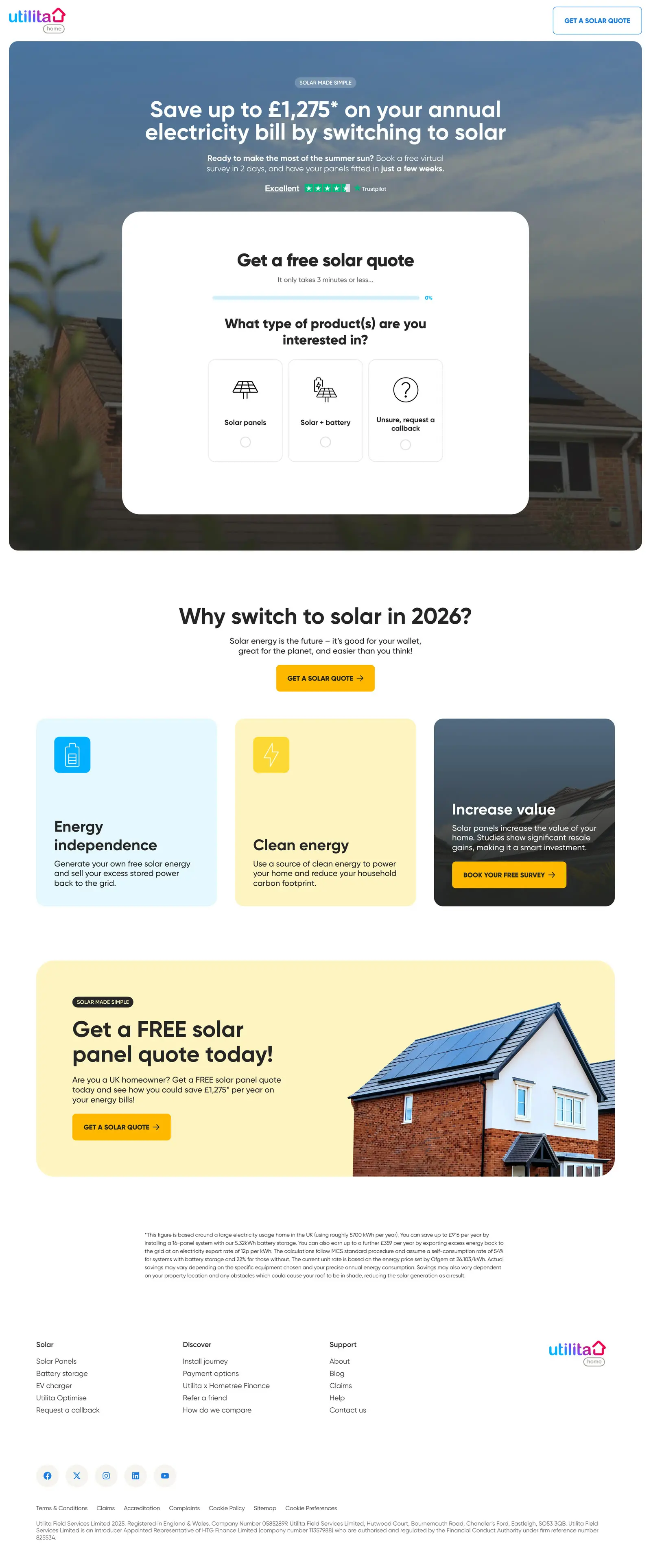 The Utilita Home solar landing page on desktop