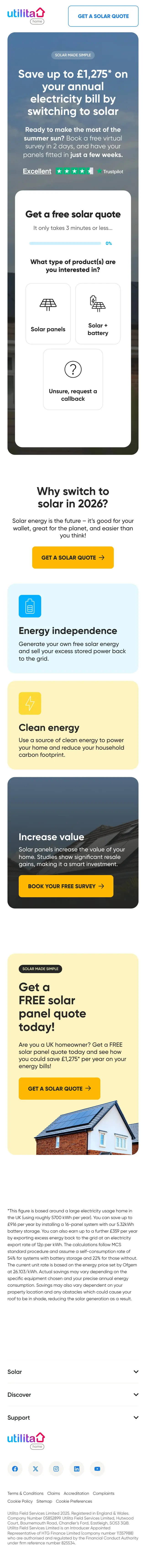 The Utilita Home solar landing page on mobile