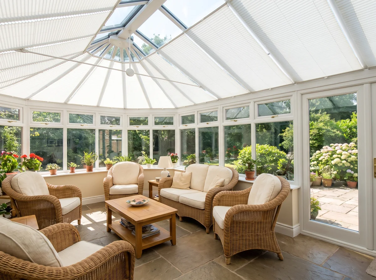 A conservatory interior with roof blinds fitted, daylight streaming through