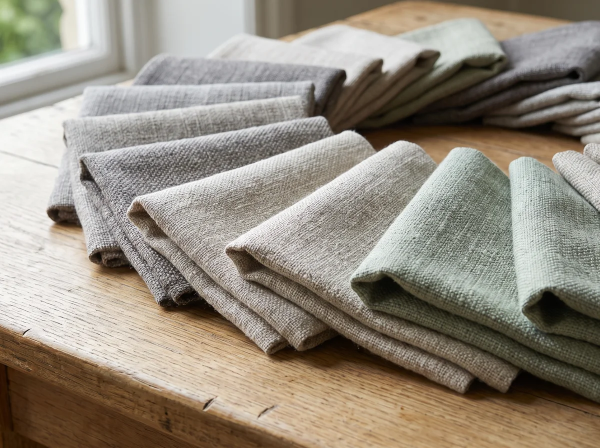Close-up of made-to-measure roller blind fabric samples fanned out on a wooden table