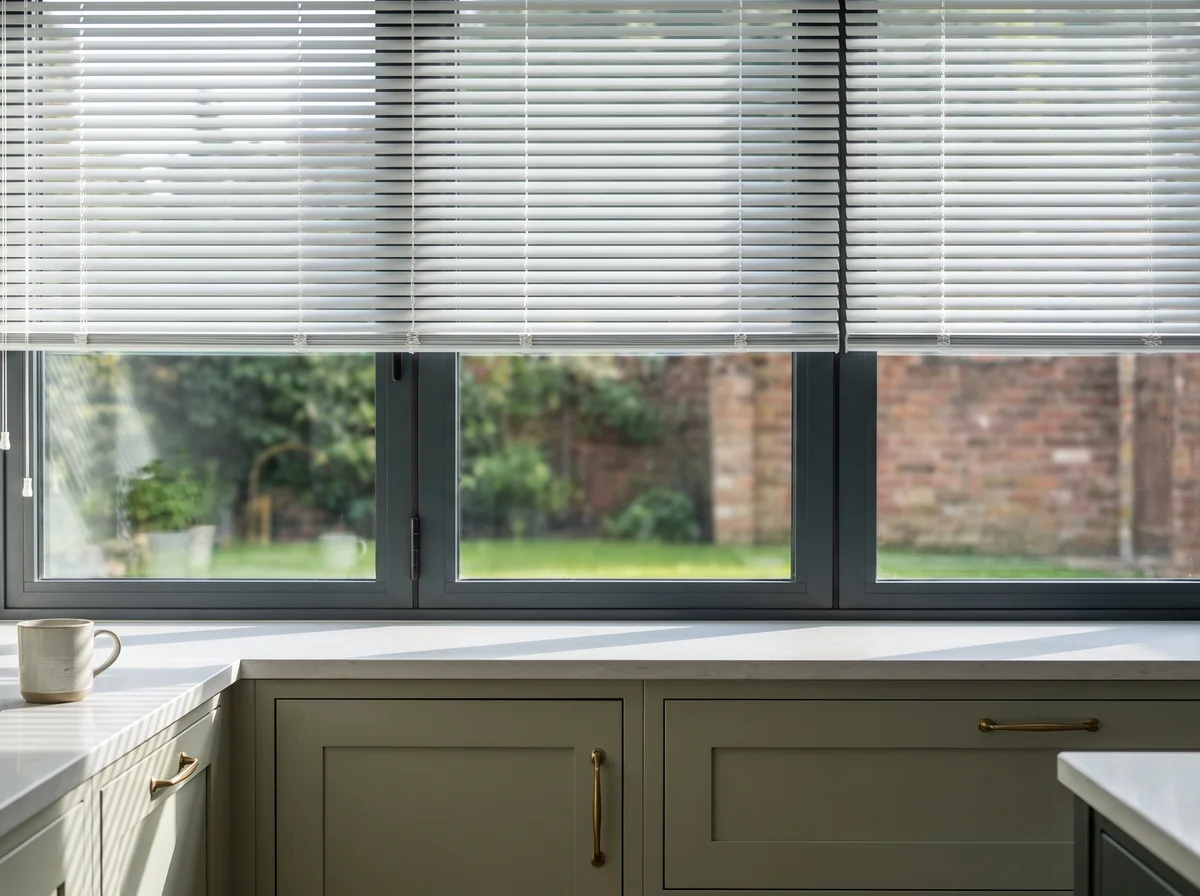 A modern kitchen window with motorised venetian blinds partly lowered
