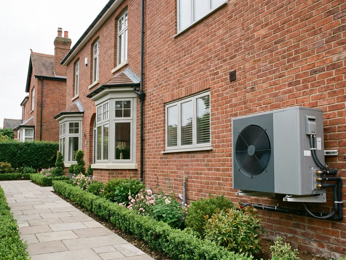 An air source heat pump fitted to the side of a UK terraced home