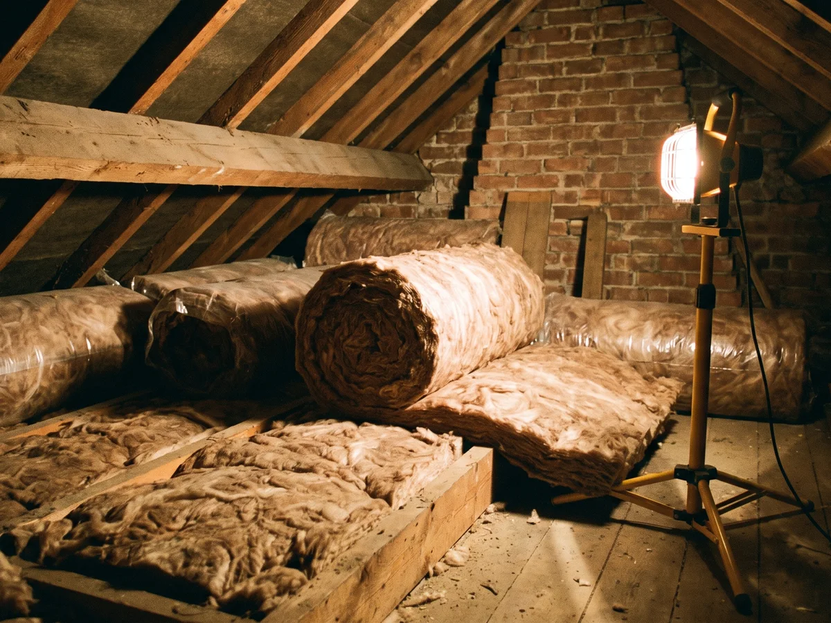 Loft insulation being rolled out between the joists of a UK roof space