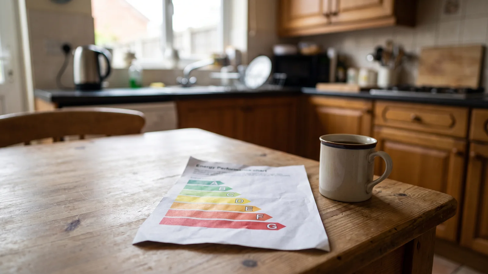 An EPC energy efficiency certificate on a kitchen table
