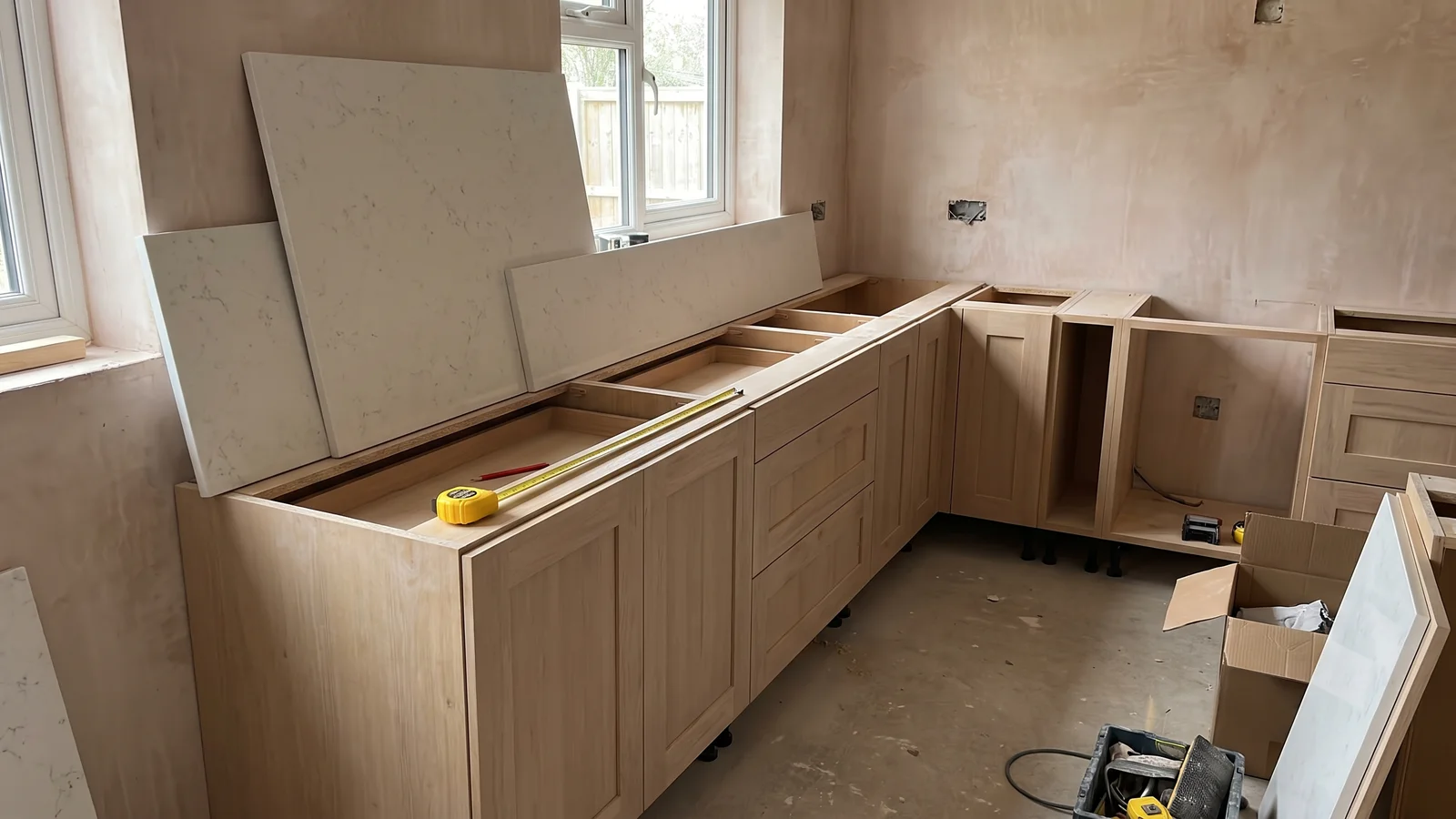 Worktop samples and new kitchen units waiting to be fitted in a UK home