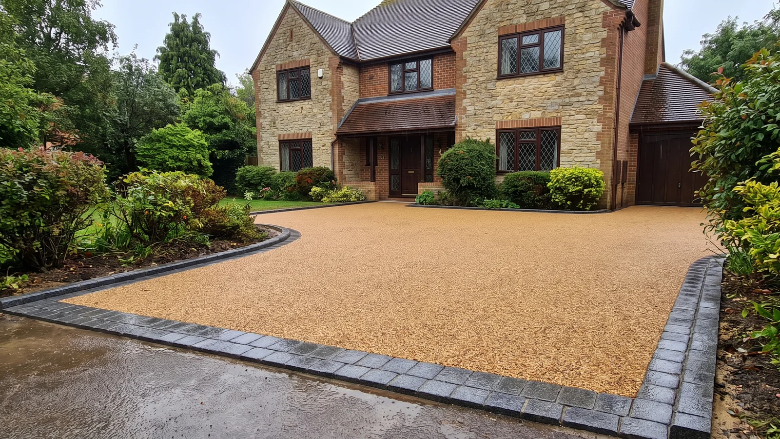 A finished resin bound driveway leading up to a UK house