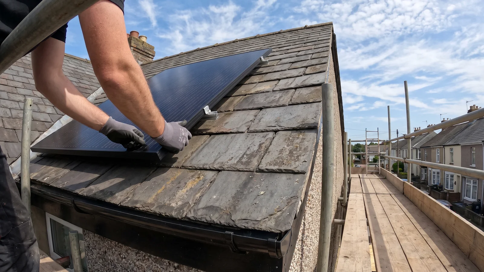 Solar panels being installed on the slate roof of a UK home from a scaffold