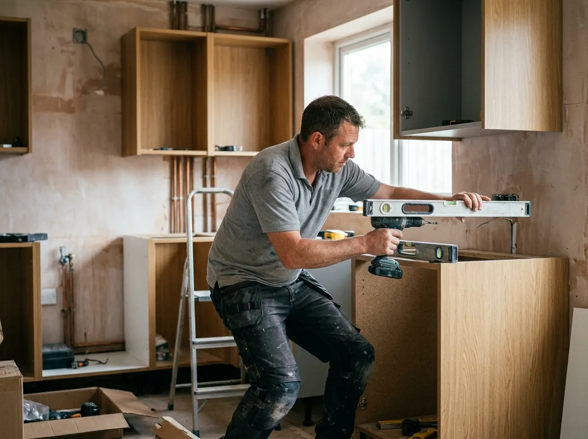 A kitchen fitter levelling a wall cabinet in a UK home mid-refit