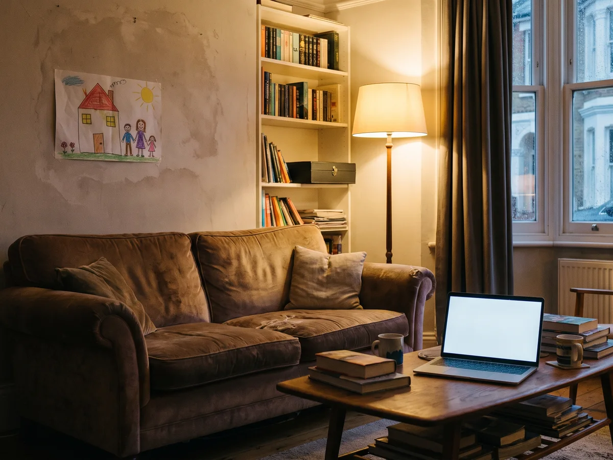 A family living room in the evening, the kind of home a life insurance policy protects